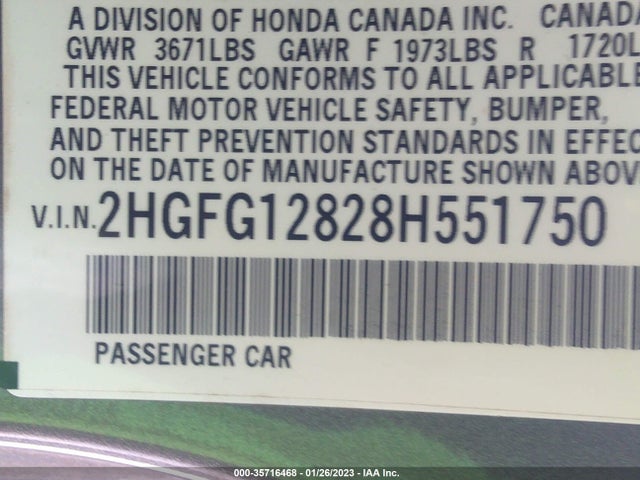 2008 HONDA CIVIC CPE EX VIN: 2HGFG12828H551750