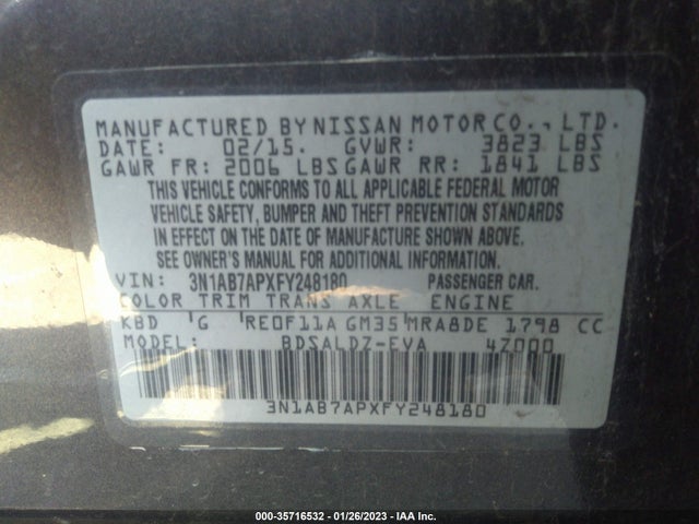 2015 NISSAN SENTRA SV VIN: 3N1AB7APXFY248180