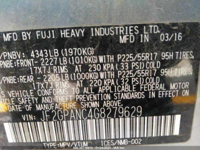 JF2GPANC4G8279629 Subaru Crosstrek Limited