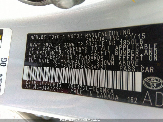 2016 TOYOTA COROLLA L/LE/S/S PLUS/LE PLUS VIN: 2T1BURHE2GC564721