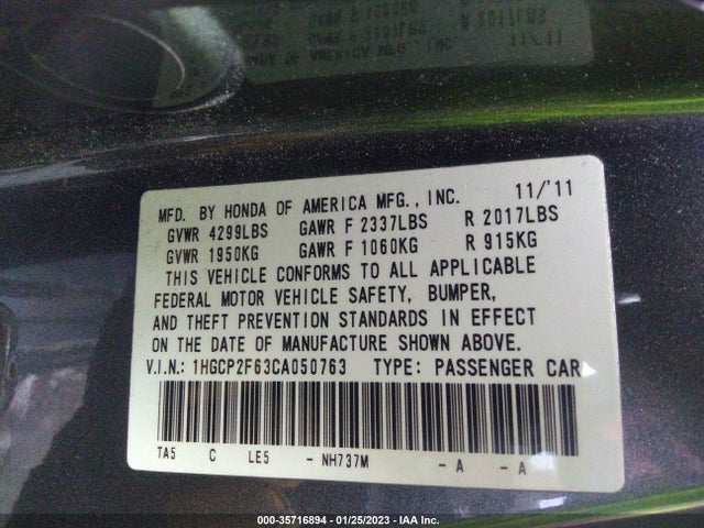 2012 HONDA ACCORD SDN SE VIN: 1HGCP2F63CA050763