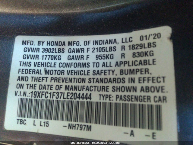 Honda CIVIC SEDAN 2020 19XFC1F37LE204444 Image 9