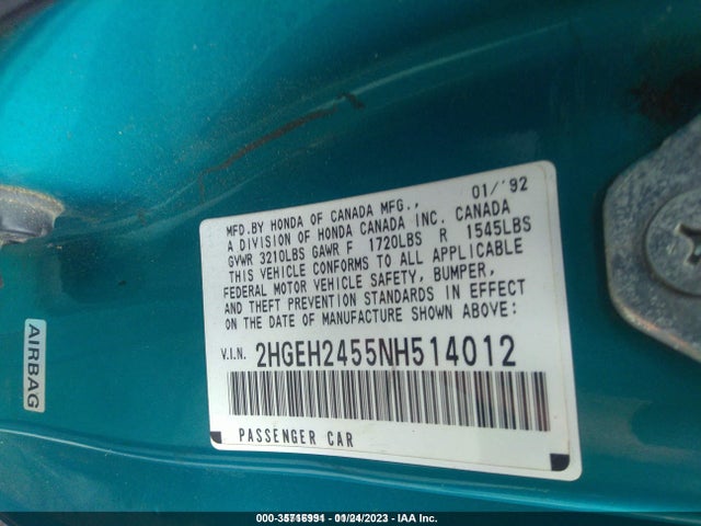 1992 HONDA CIVIC DX VIN: 2HGEH2455NH514012