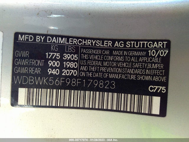 2008 MERCEDES-BENZ SLK-CLASS 3.5L VIN: WDBWK56F98F179823