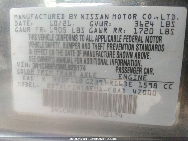2021 Nissan Versa, VIN: 3N1CN8EV3ML925174