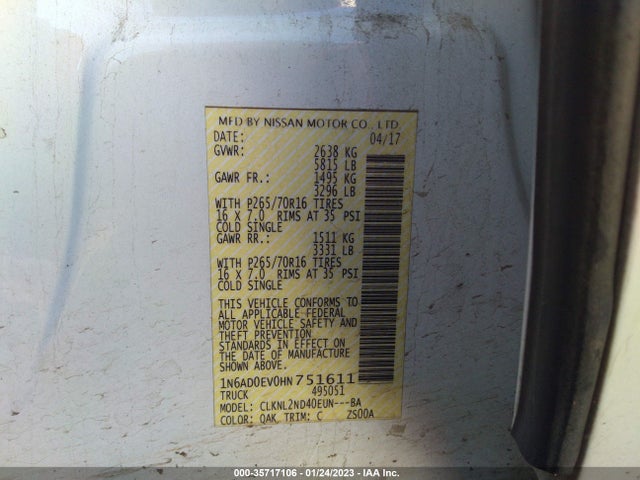 2017 Nissan Frontier, VIN: 1N6AD0EV0HN751611