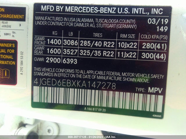2019 Mercedes-Benz GLE-Class, VIN: 4JGED6EBXKA147278