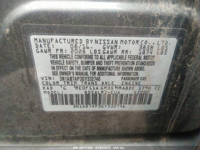 2016 NISSAN SENTRA SR VIN: 3N1AB7AP3GY332746