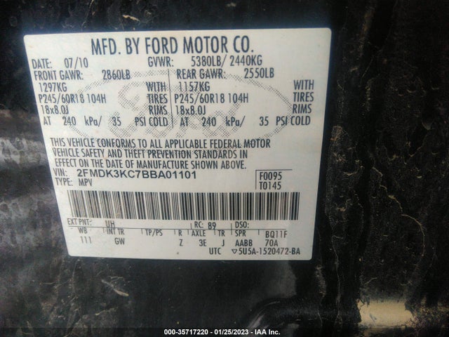 2011 FORD EDGE LIMITED VIN: 2FMDK3KC7BBA01101