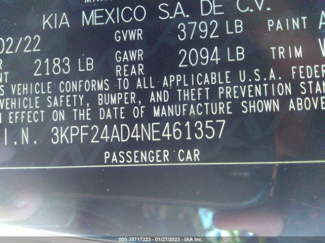 3KPF24AD4NE461357 KIA Forte Lxs