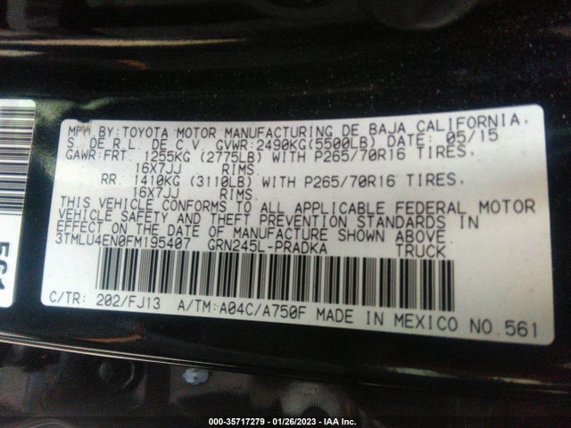 2015 TOYOTA TACOMA VIN: 3TMLU4EN0FM195407