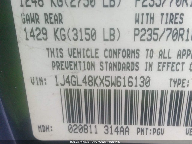 2005 JEEP LIBERTY SPORT VIN: 1J4GL48KX5W616130