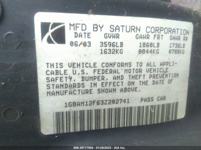2003 SATURN ION ION 2 VIN: 1G8AM12F63Z202741