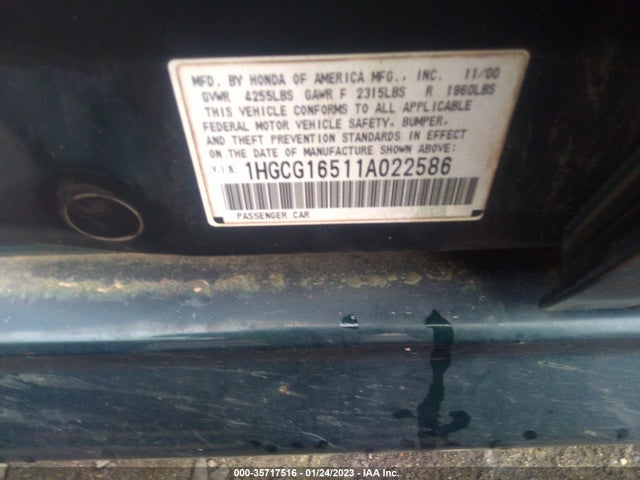 2001 HONDA ACCORD SDN EX W/LEATHER VIN: 1HGCG16511A022586