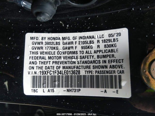 2020 HONDA CIVIC SEDAN EX VIN: 19XFC1F34LE013628