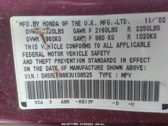 Продаж на аукціоні авто 2003 Honda Cr-v Ex, vin: SHSRD78883U108525, номер лоту: 35717969