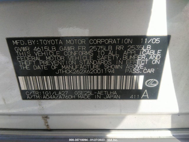 2006 LEXUS IS 250 AUTO VIN: JTHCK262X62001194