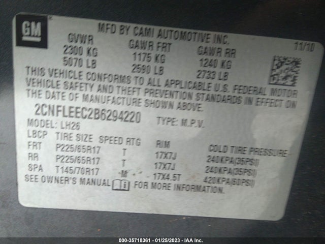 2011 CHEVROLET EQUINOX LT W/1LT VIN: 2CNFLEEC2B6294220