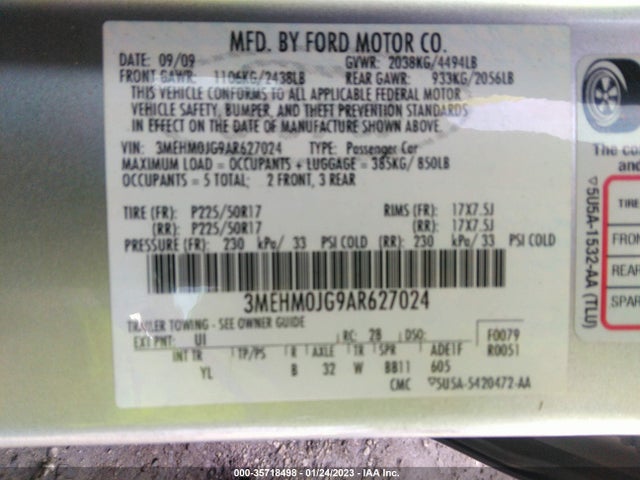 2010 MERCURY MILAN PREMIER VIN: 3MEHM0JG9AR627024