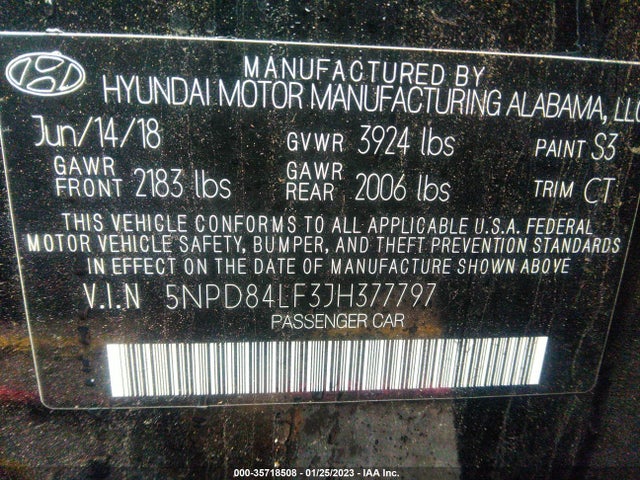 2018 HYUNDAI ELANTRA SEL VIN: 5NPD84LF3JH377797