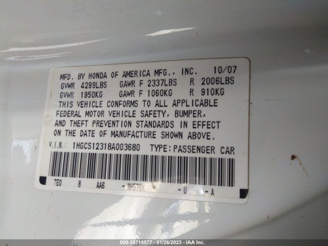 2008 HONDA ACCORD CPE LX-S VIN: 1HGCS12318A003680
