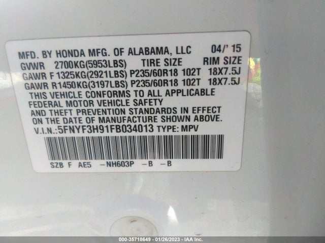 2015 Honda Pilot, VIN: 5FNYF3H91FB034013