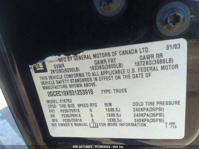 2003 CHEVROLET SILVERADO 1500 WORK TRUCK VIN: 2GCEC19X831253918