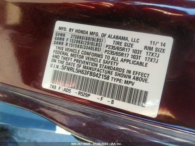 2015 HONDA ODYSSEY EX-L VIN: 5FNRL5H63FB042158