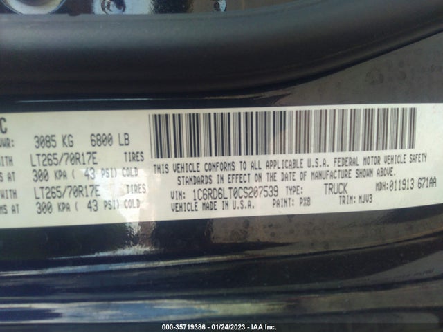 2012 RAM 1500 OUTDOORSMAN VIN: 1C6RD6LT0CS207539