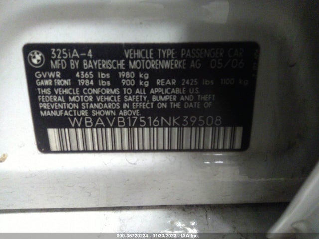 2006 BMW 3 SERIES 325I VIN: WBAVB17516NK39508