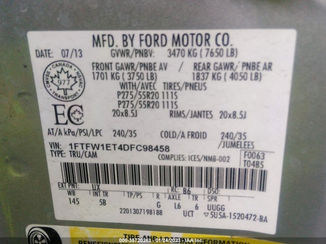 2013 FORD F-150 XL/XLT/FX4/LARIAT VIN: 1FTFW1ET4DFC98458