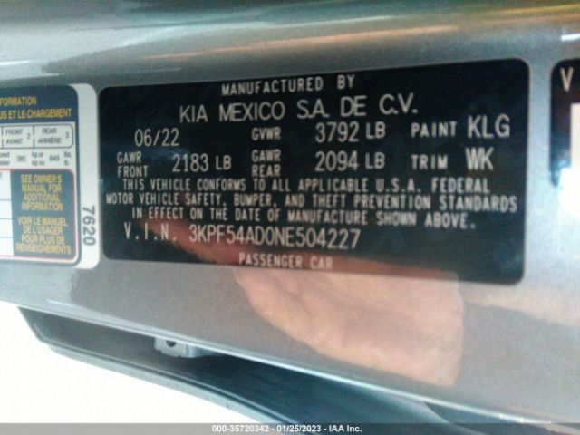3KPF54AD0NE504227 KIA Forte Gt-line