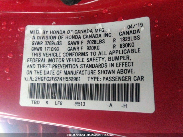 2019 Honda Civic, VIN: 2HGFC2F67KH552961