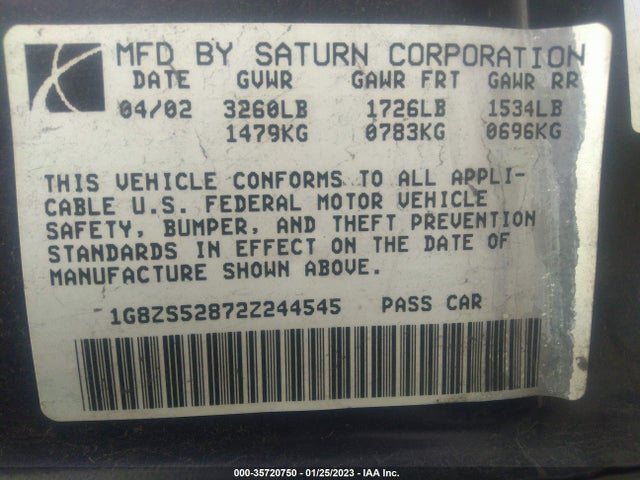 2002 SATURN SL VIN: 1G8ZS52872Z244545