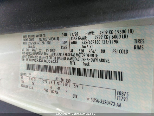 2020 Ford Transit, VIN: 1FTBW3X8XLKB58083