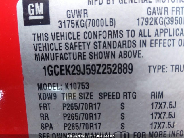 2009 CHEVROLET SILVERADO 1500 LT VIN: 1GCEK29J59Z252889