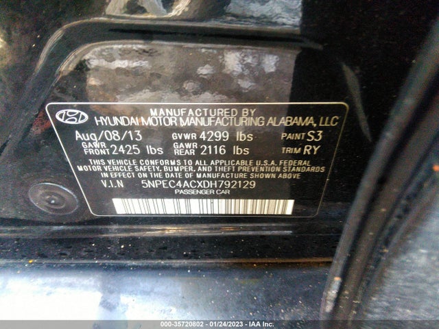 2013 HYUNDAI SONATA LIMITED VIN: 5NPEC4ACXDH792129