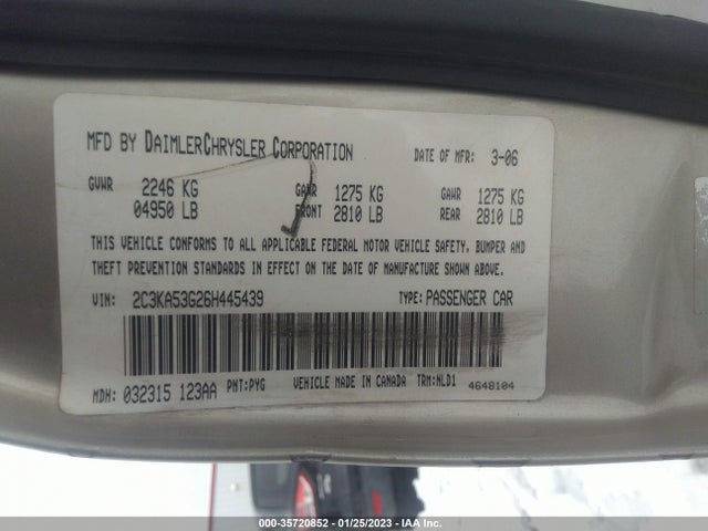 2006 CHRYSLER 300 TOURING VIN: 2C3KA53G26H445439