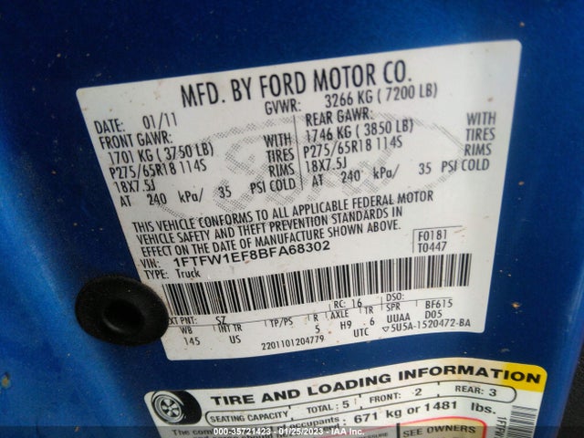 2011 FORD F-150 XL/XLT/FX4/LARIAT VIN: 1FTFW1EF8BFA68302