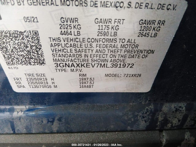 2021 Chevrolet Equinox, VIN: 3GNAXKEV7ML391972