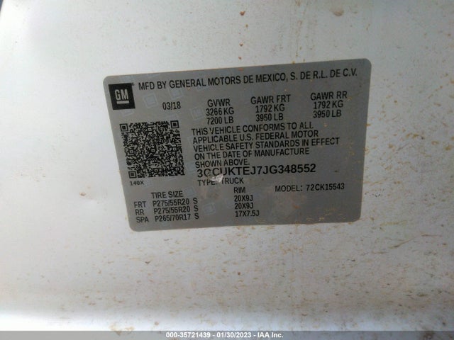 2018 CHEVROLET SILVERADO 1500 HIGH COUNTRY VIN: 3GCUKTEJ7JG348552