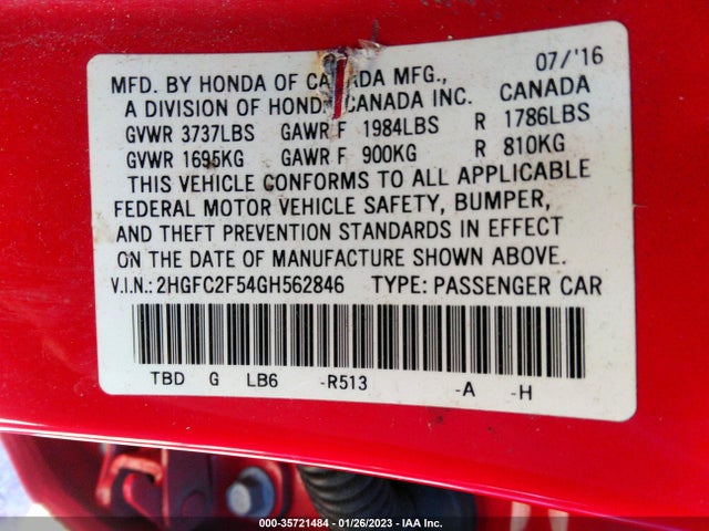 2016 HONDA CIVIC SEDAN LX VIN: 2HGFC2F54GH562846