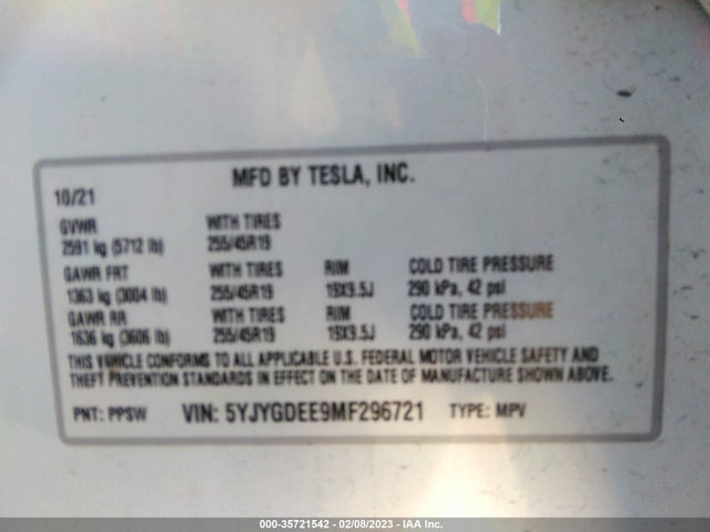 5YJYGDEE9MF296721 Tesla Model Y Long Range