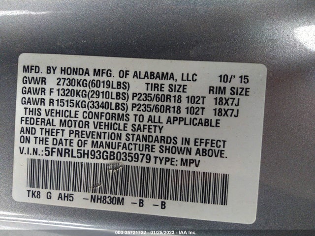 Honda Odyssey Touring 2016 5FNRL5H93GB035979 Image 10