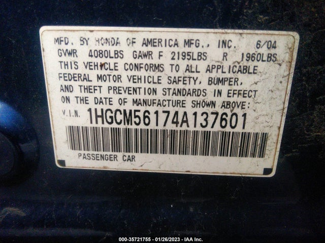 2004 HONDA ACCORD SDN DX VIN: 1HGCM56174A137601