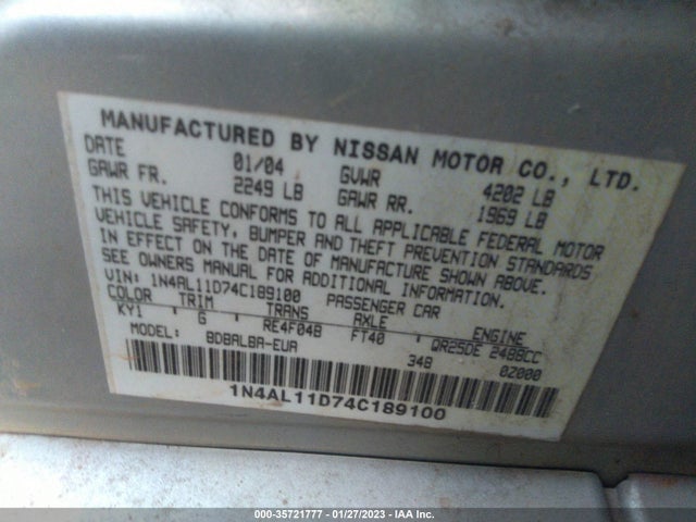 2004 NISSAN ALTIMA S VIN: 1N4AL11D74C189100