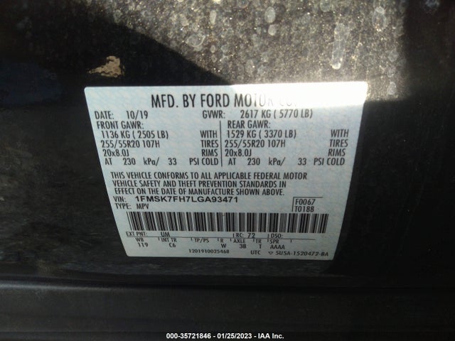 2020 FORD EXPLORER LIMITED VIN: 1FMSK7FH7LGA93471