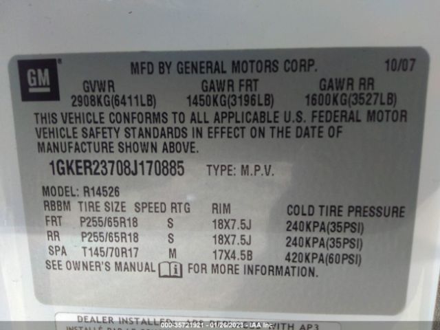 1GKER23708J170885 GMC Acadia Slt1