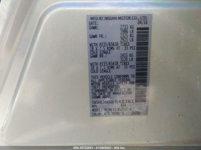 5N1AR2MM5GC648361 Nissan Pathfinder Platinum/sv/sl/s