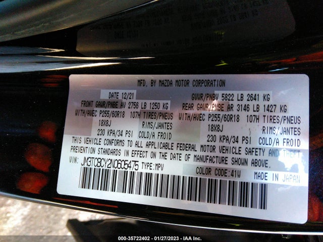 2022 Mazda CX-9, VIN: JM3TCBCY2N0605475